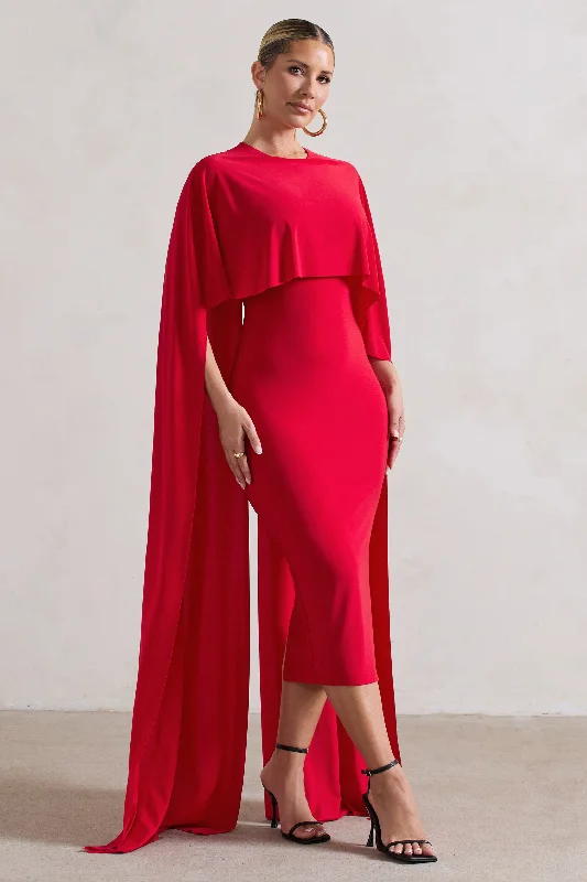 Must Haves Camellia | Red Midi Dress With High-Low Cape Casual Weekend Relaxed Style