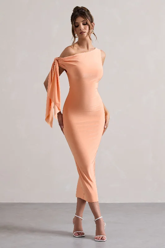 Shop Sale Items Adapt | Coral Asymmetric Midi Dress With Tie Sleeve Save on Classic Elegant Styles