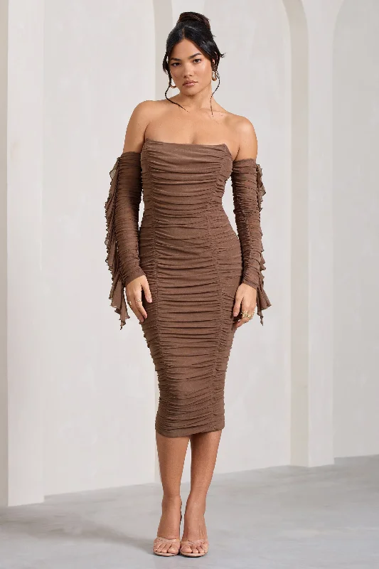 Unleash Your Fashion Favor | Mocha Ruched Mesh Bardot Midi Dress Graceful Cut