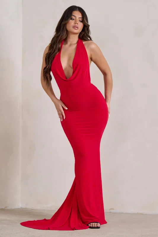 Gift Ideas Saffina | Red Cowl Neck Low Back Maxi Dress Vintage Look