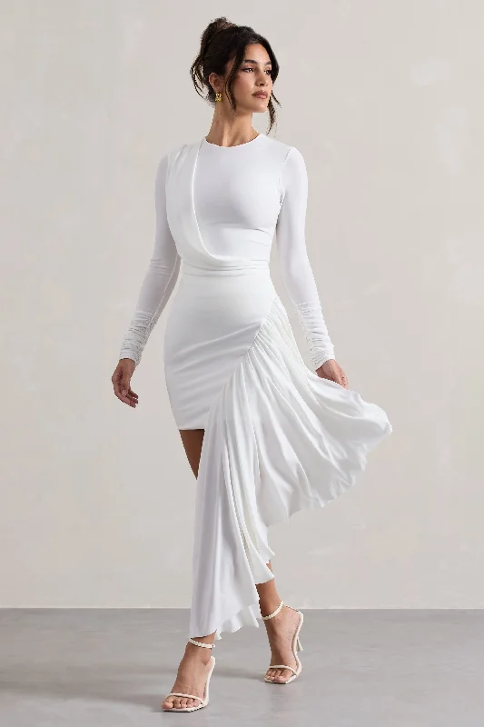 Trendy Looks On Sale Tate | White Long-Sleeve Wrap Mini Dress With Drape Flowing Silhouette