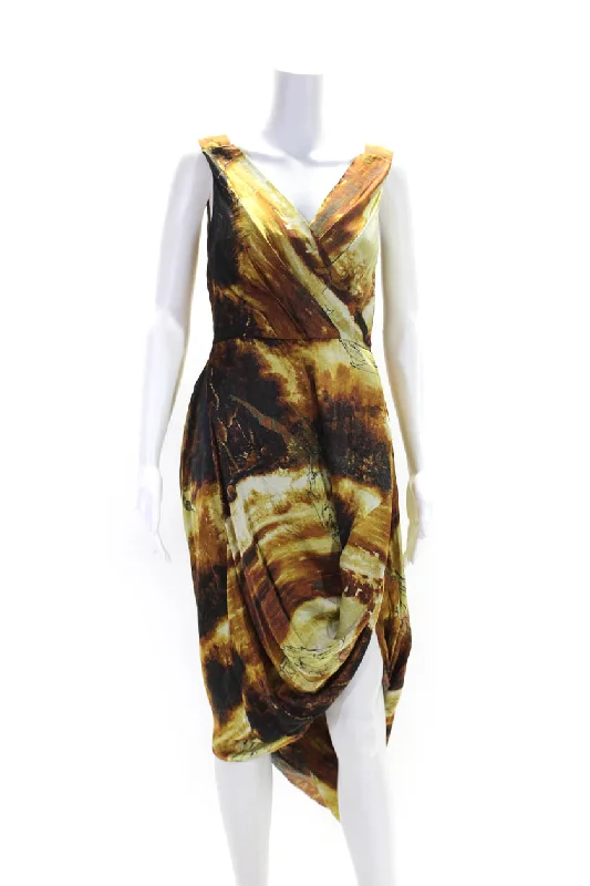 Summer Deals Gary Graham Womens Silk Abstract Print Draped Side Zipped Maxi Gown Brown Bold Patterns