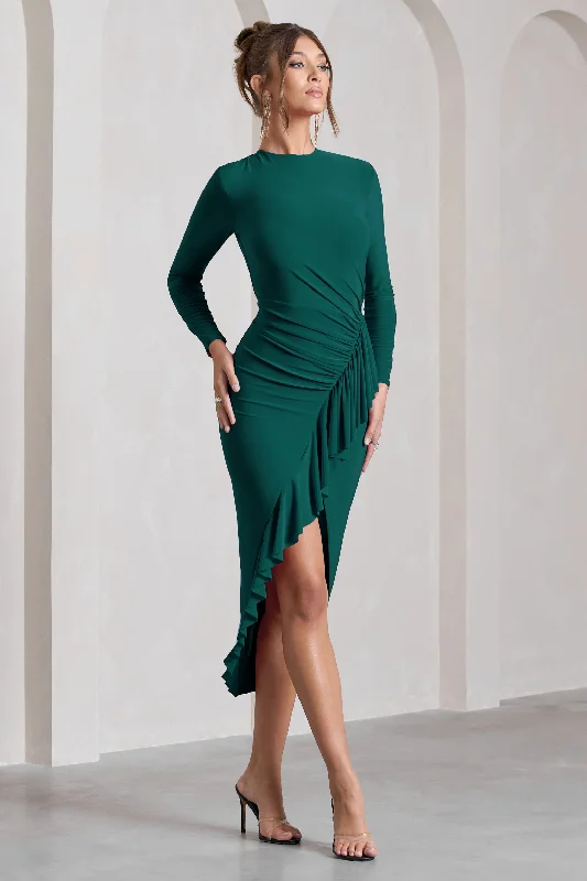 Classic Chic Deals Dolce Vita | Bottle Green Long-Sleeve Ruffle Asymmetric Split Midi Dress Sophisticated Cut