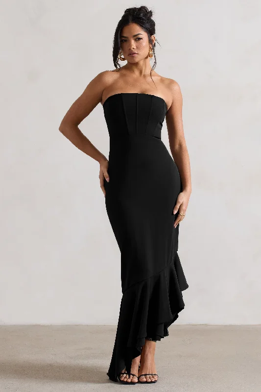 Luxe Style Discounts Sandy | Black Strapless Corset Asymmetric Maxi Dress Effortless Comfort