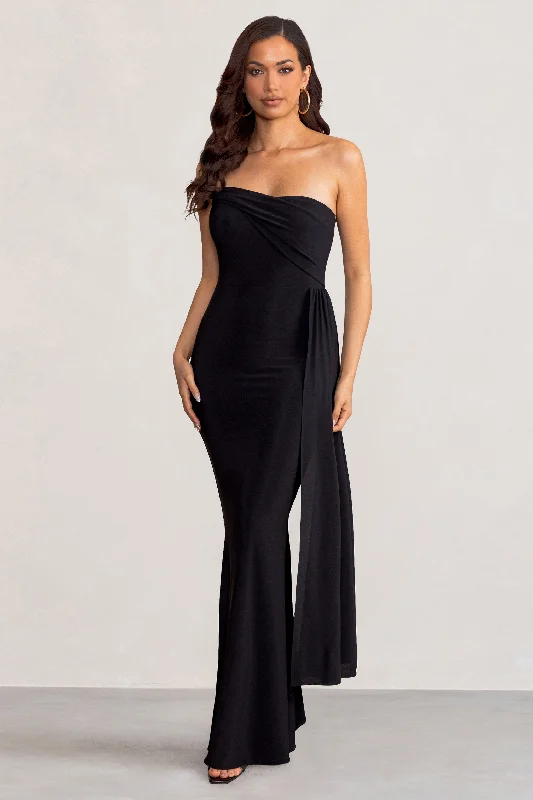 Classy Style Discounts Aaliyah | Black Asymmetric Bardot Maxi Dress with Drape Y2K Nostalgic Fashion Look