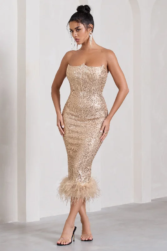 Discover Now Cherie | Champagne Sequin Corset Midi Dress With Feather Trim Luxury Comfort