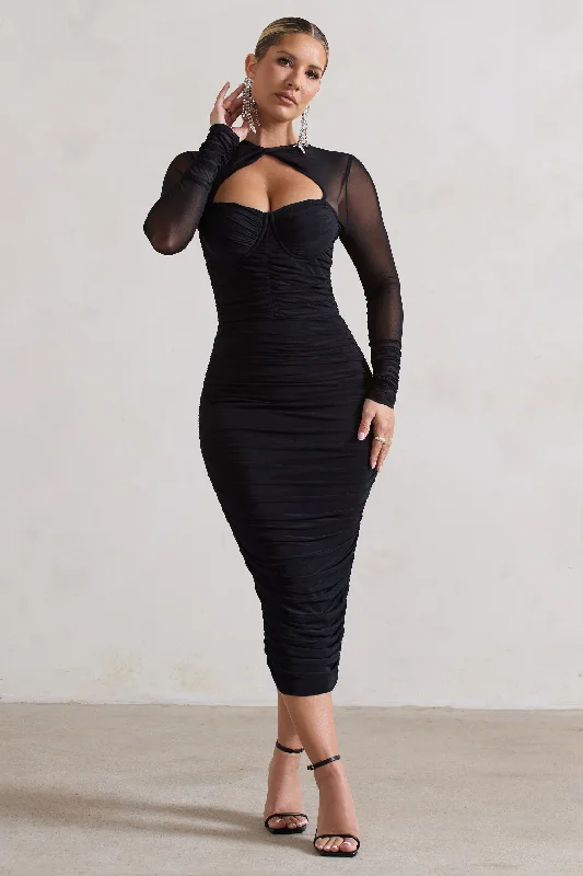 Hot Picks Mojito | Black Ruched Cut-Out Long-Sleeve Midi Dress Contemporary Chic