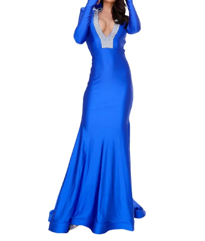 Luxury Fashion Plunging V-Neck Jersey Long Gown In Royal Blue Tropical Island - Inspired Attire