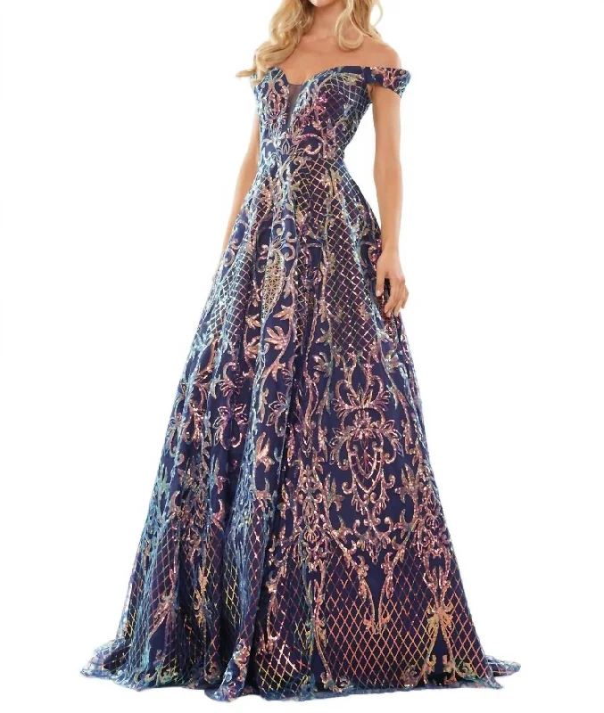 Style Without Limits Off Shoulder Sequin Lace Evening Gown In Navy Polished Finish