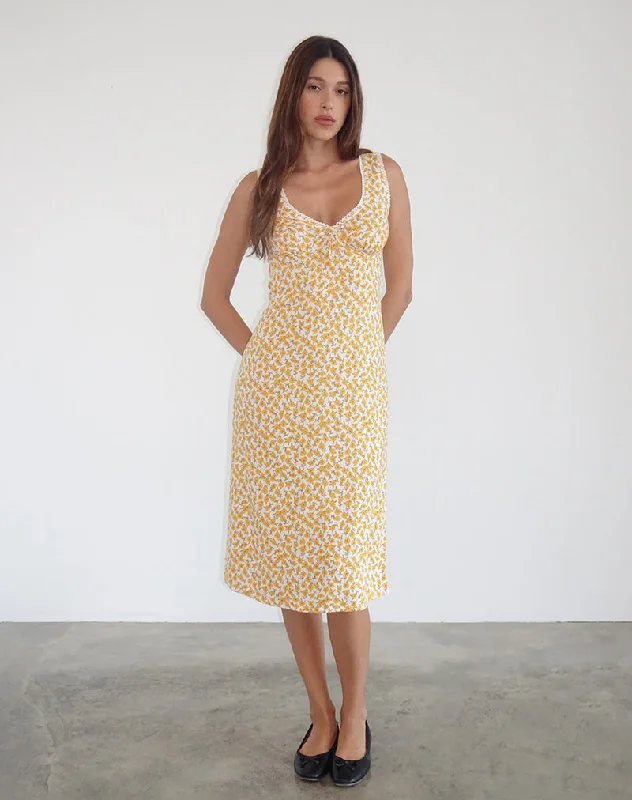 Sleek Style Discounts Lavisha Midi Dress in Yellow Cosmos Garden Vintage Retro Party Wear