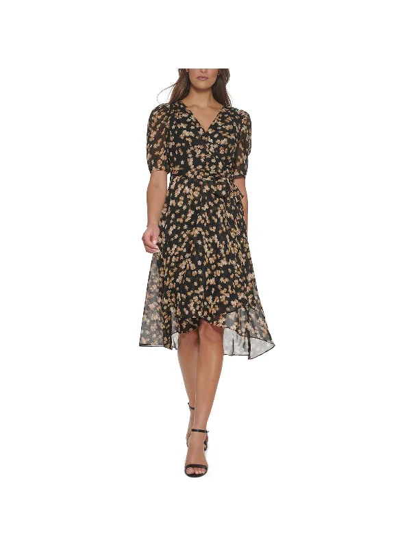 Seasonal Clearance Petites Womens Chiffon Puff Sleeve Midi Dress Casual Elegance