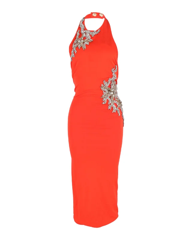 End Of Season Sale Balmain Crystal-Embellished Halter Neck Gown in Orange Viscose Subtle Sophistication