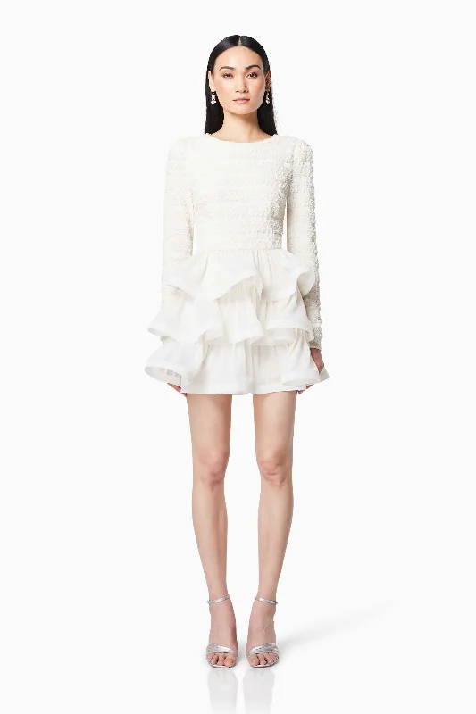 Budget Friendly Sophisticate Ruffled Long Sleeved Mini Dress In White Lightweight Fabric