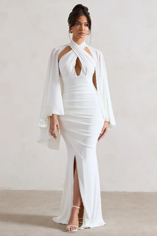 Trendy Looks On Sale Audrina | White Ruched Halter-Neck Split Maxi Dress With Cape Modern Romance