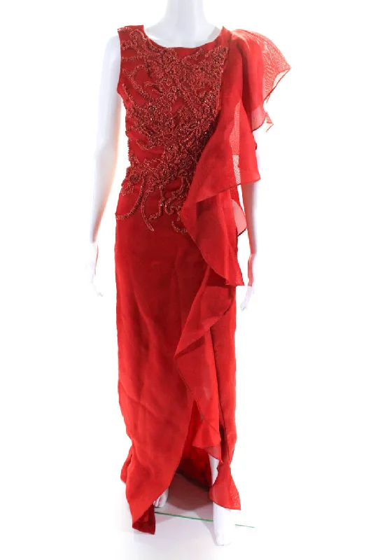 Explore What'S New Rafael Cennamo Couture Women's Sleeveless Embellished Ruffle Gown Red Romantic Date - Night Ensemble