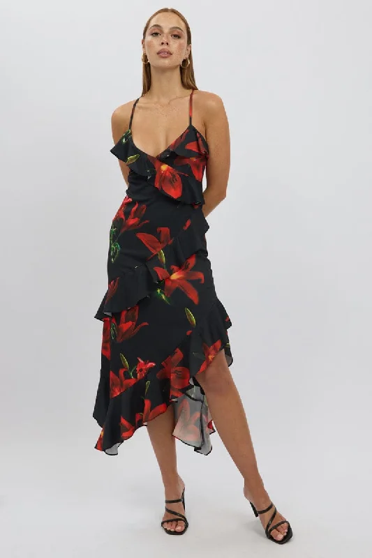 Feminine Style Promotions Black Floral Midi Dress Ruffle Detail Alluring Design