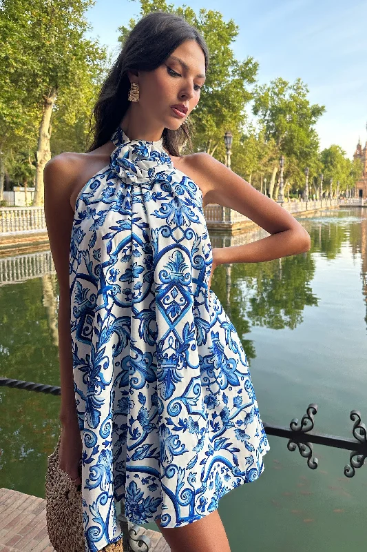 Spring Fashion Naples | Blue Porcelain Print Halter-Neck Mini Dress With Corsage Disco - Inspired Retro Dance Look