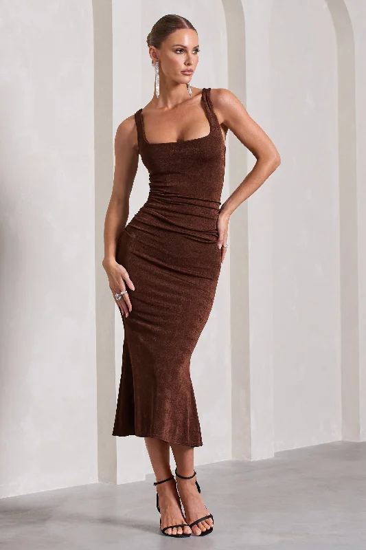 Luxe Style Discounts Evora | Chocolate Ruched Square-Neck Midi Dress Coastal Beach - Inspired Style