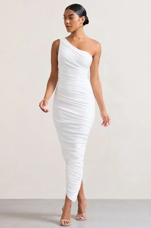 Seasonal Picks Dorit | White One Shoulder Asymmetric Ruched Midi Dress Urban Sophistication