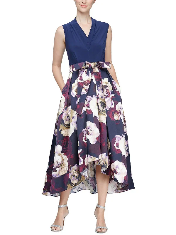 Discover Now Womens Mixed Media Floral Fit & Flare Dress Elegant Attire