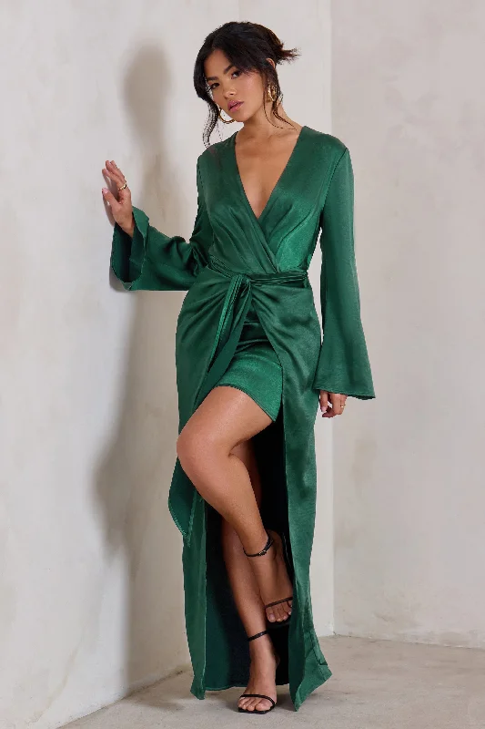 Playful Fashion Offers Patricia | Green Extreme Plunge Long Sleeve Maxi Dress With Tie Detail Today Only