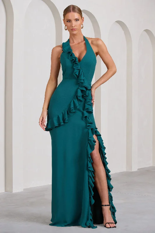 Fast Fashion Favorites Morning | Bottle Green Ruffled Halter-Neck Split Maxi Dress Everyday Glamour