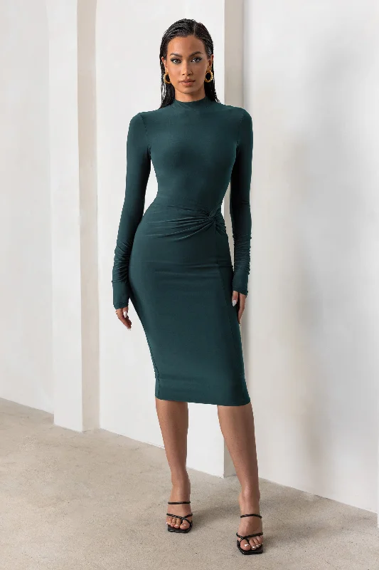 Budget Saver Endless Shapes | Bottle Green High Neck Long Sleeves Midi Dress With Skirt Twist Detail Big Savings on Minimalist Office Styles