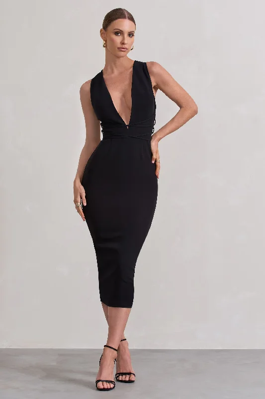 Unleash Your Trend Driven Style Odessa | Black Plunge Sleeveless Midi Dress With Tie Waist Effortless Style