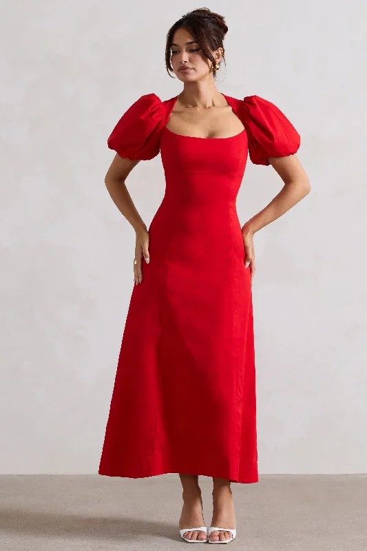 Retro Style Promotions Hacienda | Red Poplin Puff-Sleeve Maxi Dress Effortless Sophistication