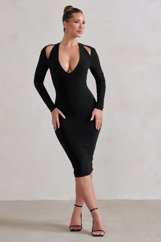 Budget-Friendly Fashion Get Serious | Black Cut Out Detail Backless Midi Dress Vintage Retro Party Wear