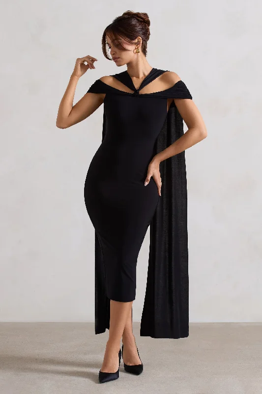 Chic Styles Galia | Black Strappy Midi Dress With Drape Classic Timeless Elegant Style