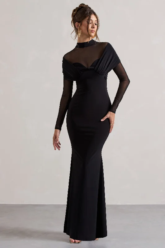 Luxury Casual Deals Tasha | Black Mesh High-Neck Long-Sleeve Maxi Dress Contemporary Elegance