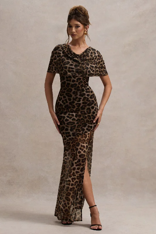 Season Sale Gomez | Leopard Print Mesh Cowl-Neck Split Maxi Dress Subtle Sophistication