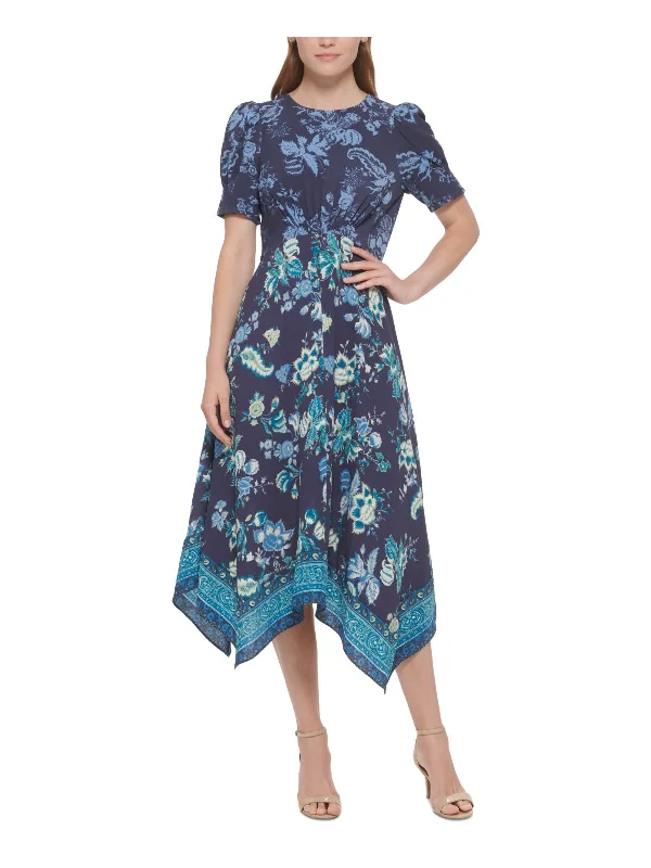 Don't Miss Out Womens Floral Print Puff Sleeve Midi Dress Final Clearance