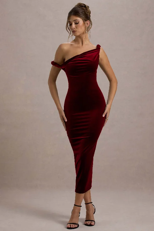 Fast Fashion Favorites Carella | Berry Velvet Twisted Asymmetric Midi Dress Feminine Allure