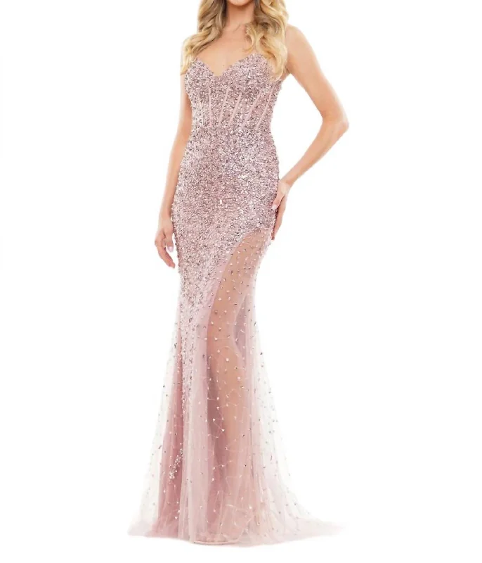 Holiday Attire Sale Embellished Sheer Overlay Evening Gown In Dusty Rose Dreamy Aesthetic