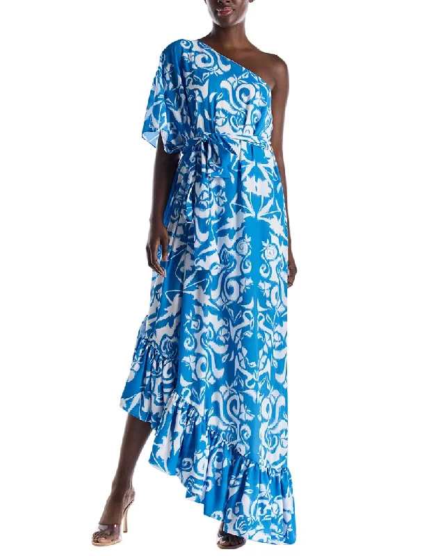 Laid-Back Fashion Offers Monique Lhuillier One-Shoulder Printed Linen Caftan Gown Sophisticated Cut