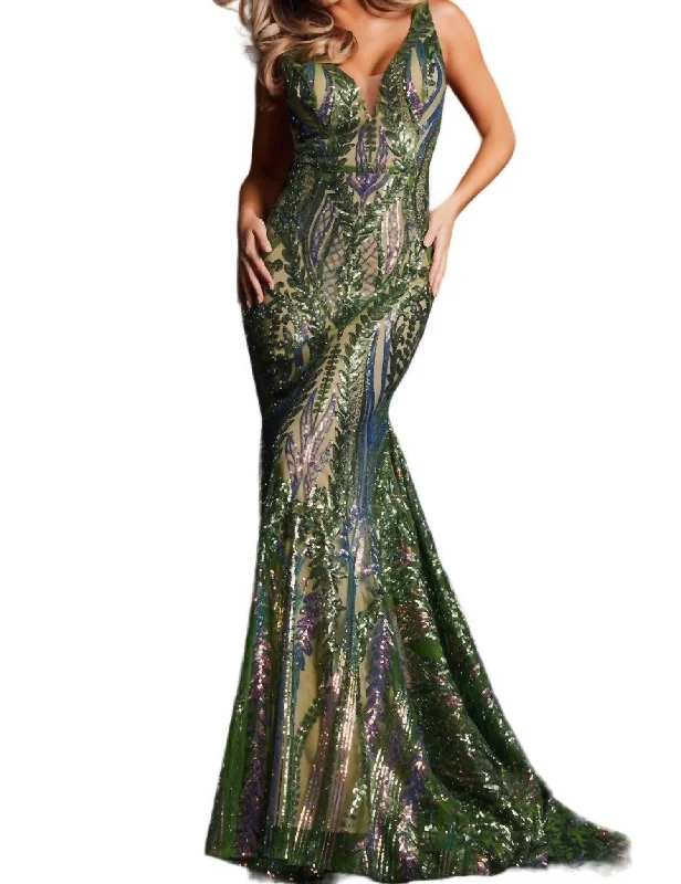 Swimwear Summer Blowout Sequin Mermaid Gown In Iridesent/jade Soft Textures