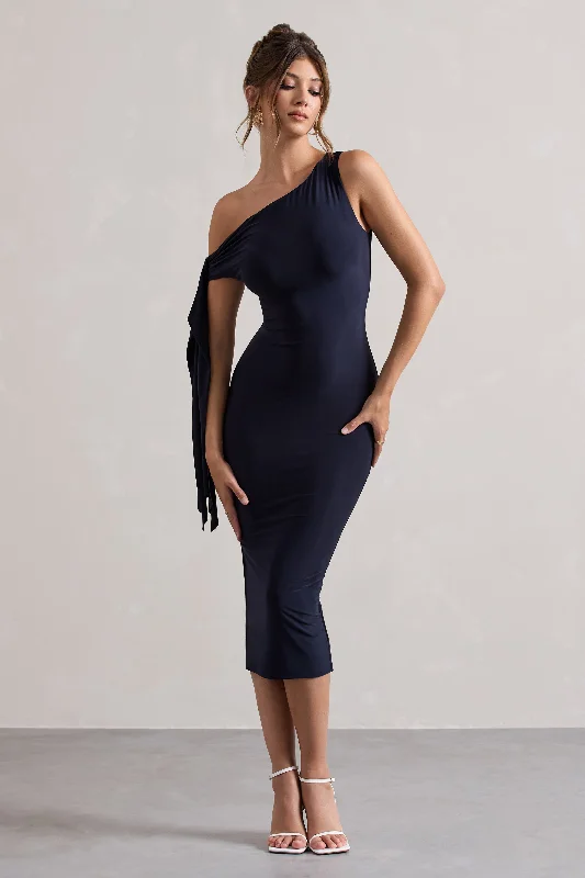 Shop Sales Adapt | Navy Asymmetric Midi Dress With Tie Sleeve Weekend Special