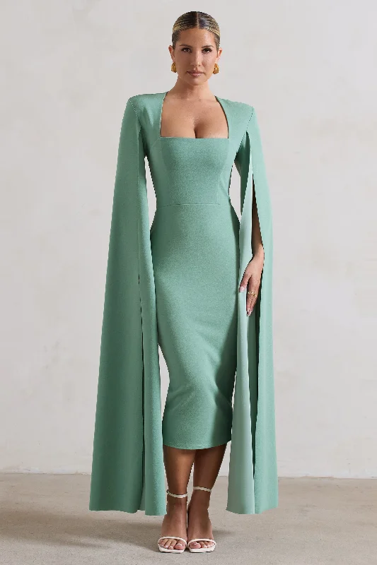 Fashion Sale No Replacement | Sage Green Square-Neck Cape-Sleeve Midi Dress Feminine Grace