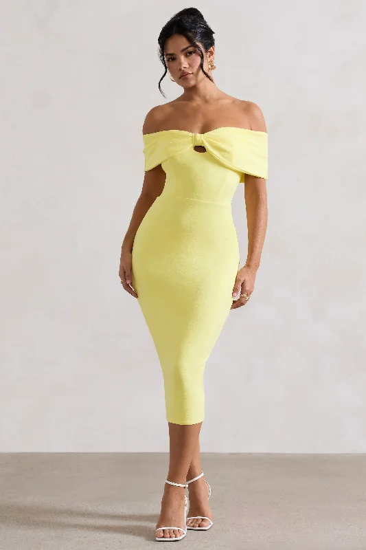 Trend Forward Threads Hope | Lemon Bow Bardot Midi Dress Elegant Ensemble