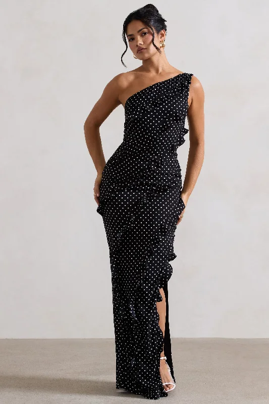 Exclusive Fashion Deals Zafra | Black Polka Dot Asymmetric Ruffle Maxi Dress Feminine Flow