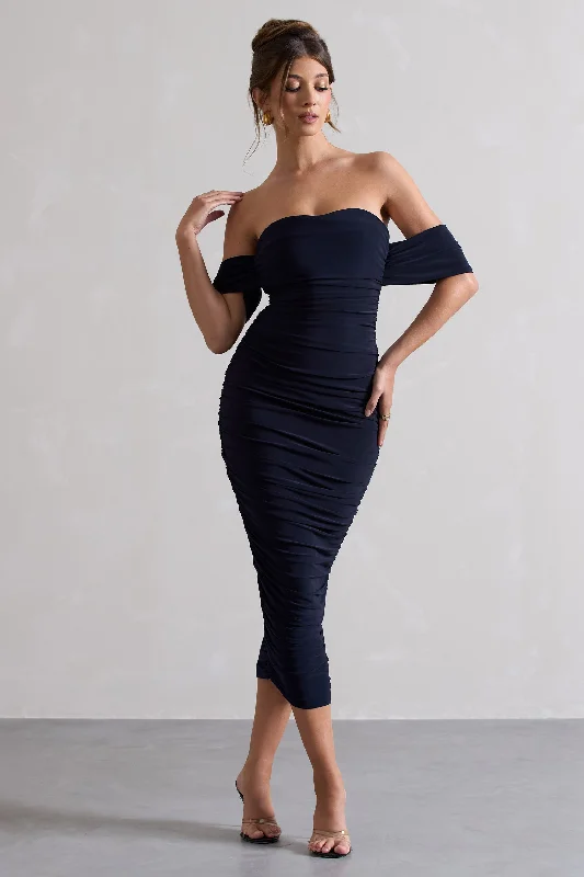 Hot Items Lost For Words | Navy Bardot Ruched Draped Midi Dress Contemporary Elegance