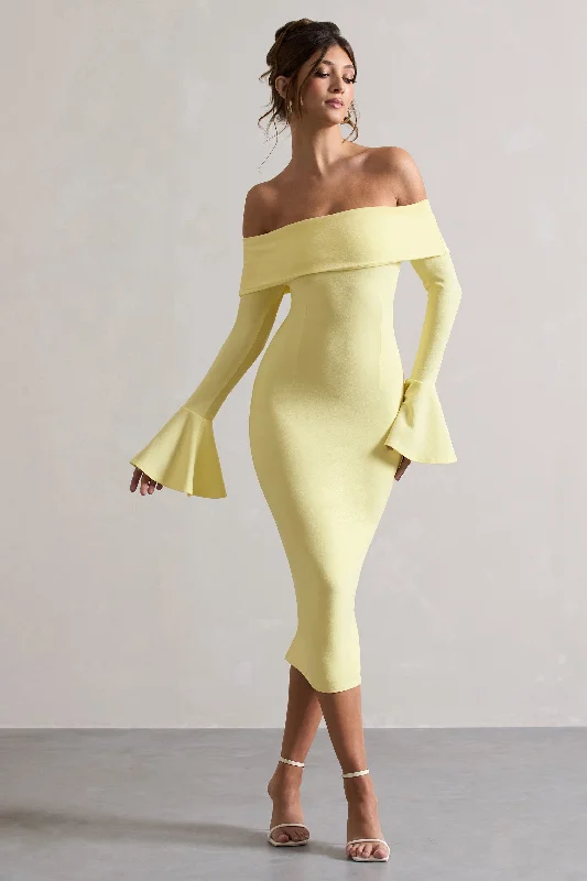 Flash Sale Emma | Lemon Bardot Flared-Sleeve Midi Dress Disco - Inspired Retro Dance Look