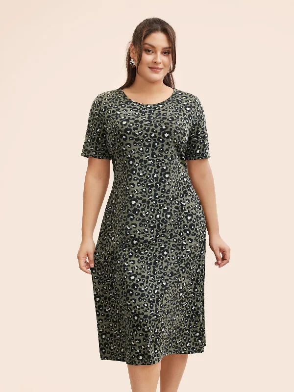 Exclusive Discounts Round Neck Leopard Print Midi Dress Big Savings on Minimalist Office Styles