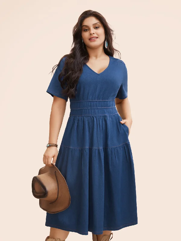 Fashion Forward Stretch Denim Pockets Tiered Midi Dress Cottagecore Rustic Charm Style