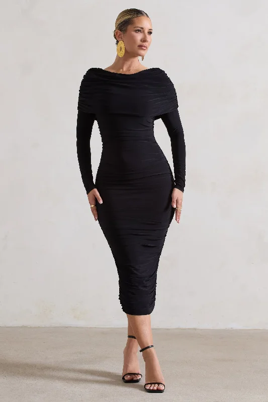 Stupidly Low Prices Lea | Black Long Sleeve Ruched Midi Dress with Draped Bardot Overlay Boho Chic