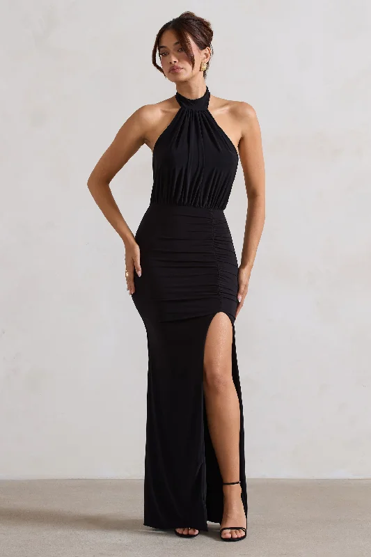 Shop The Hottest Deals Forever Dreaming | Black Backless Halter Neck Ruched Split Maxi Dress Big Savings on Minimalist Office Styles