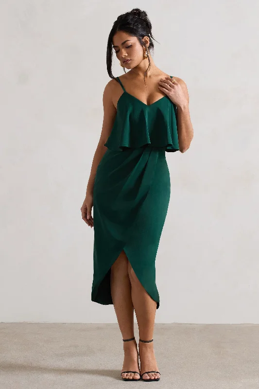 New Styles Just In Faro | Bottle Green Strappy Draped-Neck Wrap Midi Dress Chic Urban Fashion Look