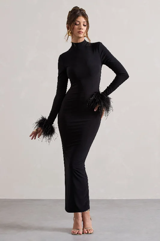 Chic Style Discounts Khalia | Black High-Neck Feather-Cuff Maxi Dress Romantic Date - Night Ensemble